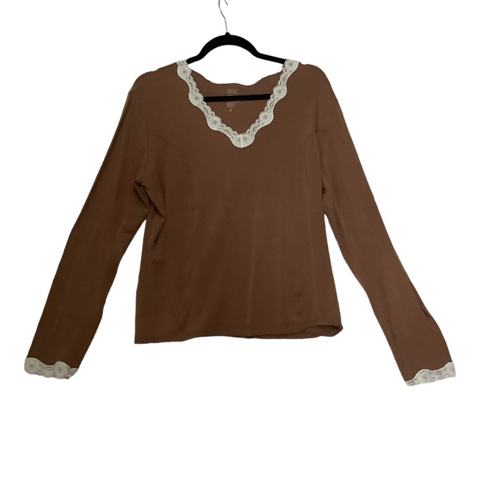 NILS Shirt Women Size XL Brown V Neck Lace‎ Trim Blouse Tencel Spandex Blend